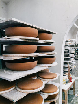 Large Handmade Terra-Cotta Bowls in Bright Artisan Pottery Studi