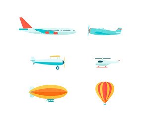 Advertising aircrafts and balloons set of vector icons isolated on background.