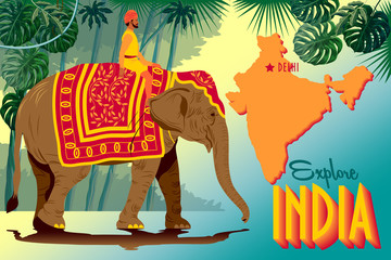 Obraz premium Tourist poster of India with Indian Raja riding an elephant, with jungle and map of India in the background.