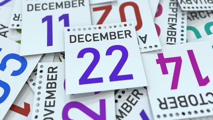 December 22 date on calendar leaf. 3D animation