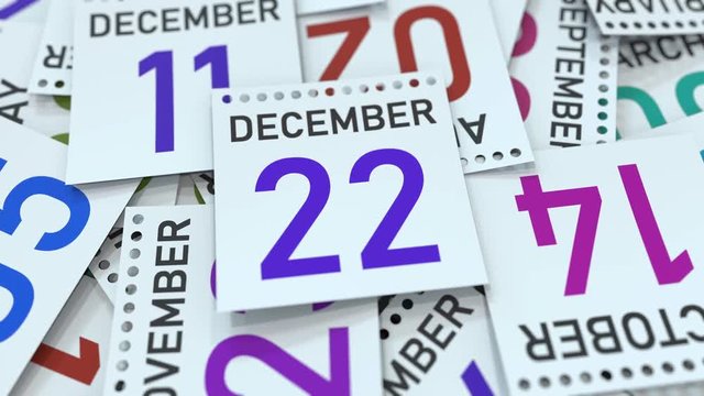 December 22 date on calendar leaf. 3D animation