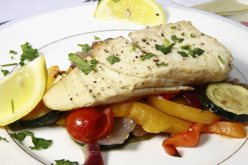 Halibut on a bed of Mediterranean Vegetables