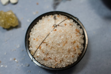 composition with scales, money and Himalayan salt