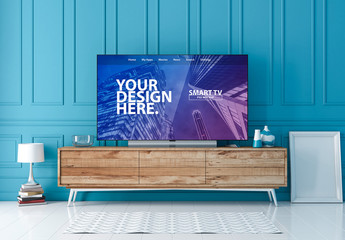 Smart TV on Console in Blue Room Mockup