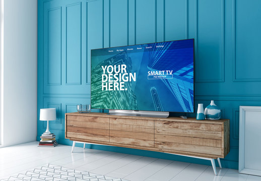 Smart TV on Console in Blue Room Mockup