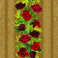  Vertical lines. Seamless pattern. Red roses, yellow mimosa on brown, cream and beige background. Fabric, wallpaper, card.