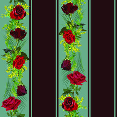 Vertical lines. Seamless pattern. Red roses, yellow mimosa on the bands of maroon and blue-green color. Fabric, wallpaper, card.