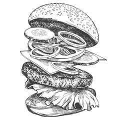 big burger, hamburger hand drawn vector illustration realistic sketch - obrazy, fototapety, plakaty