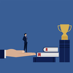 Businessman career progress with knowledge graduate academic to trophy.