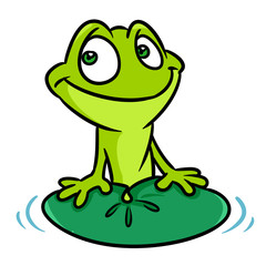 Green frog smile water lily leaf animal character cartoon illustration