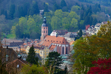 Blick über das Wasserparadies, zur Altstadt mit Stiftskirche in Baden-Baden