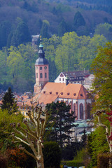 Fototapeta na wymiar Blick über das Wasserparadies, zur Altstadt mit Stiftskirche in Baden-Baden