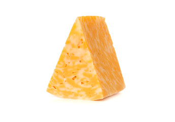 Marble cheese on a white background. Triangle of cheese close-up.