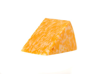 Marble cheese on a white background. Triangle of cheese close-up.