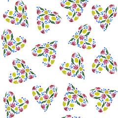 Floral hearts. Seamless pattern of watercolor flowers and leaves.