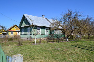 Old russian architecture: traditional wooden house in village.