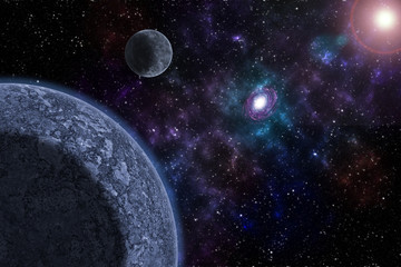 Fantasy with planet against starry sky on deep background. Cosmic celestial sky. Abstract space...