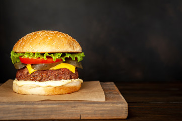 Homemade hamburger with lettuce, tomato, cheese and cucumber on a cutting board