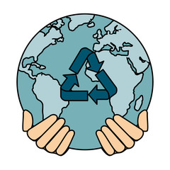 hands protecting earth planet with recycle arrows