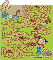 In the vector illustration, a maze puzzle with children who dig a channel for watering flowers in the garden.