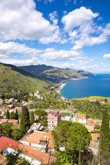 Naklejka na ściany i meble Sicily, Italy. Ionian sea and beautiful mountains landscape in bright summer day, Taormina. 