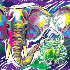 Stylish background with animals. Seamless pattern. Elephant, tiger,.Figure markers. Pop Art. Bright print, colored spots. Freehand drawing.