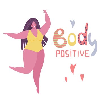 Happy plus size girl doing full split. Happy body positive concept. I love my body. Attractive overweight woman stretching. For Fat acceptance movement, no fatphobia. Illustration on white background