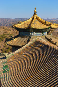 Ancient tiled roofs of Chinese Buddhist temples.