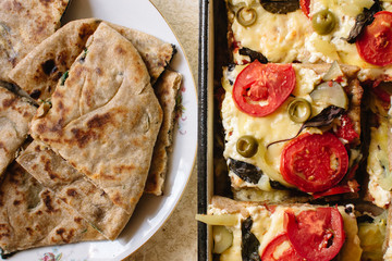 Vegetarian treats pizza with tomatoes, mozzarella and olives and naan with cheese and greens