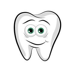 Cartoon character. Cute white tooth with big green eyes. Smiling 