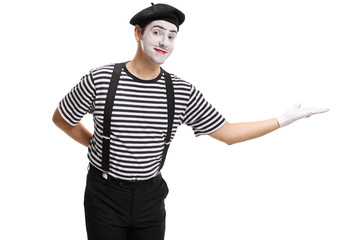 Mime gesturing welcome with his hand