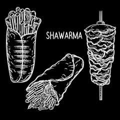 Vector black and white hand drawn illustration of shawarma.