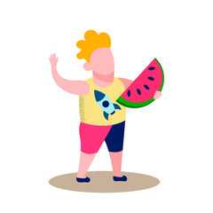 Boy Eating Watermelon Flat Vector Illustration