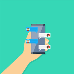 1Chatting on smartphone, vector illustration in flat style. Messaging using phone, illustration of screen with messaging