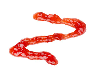 Strawberry thick jam drizzle, isolated on white background. Strawberry marmalade, sauce, topping drops. Top view.