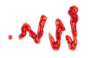 Strawberry thick jam drizzle, isolated on white background. Strawberry marmalade, sauce, topping drops. Top view.