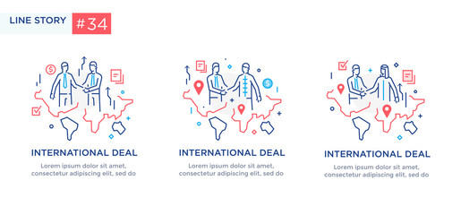 Obraz premium Set of illustrations concept with businessmen. Workflow, growth, graphics. Business development, milestones. linear illustration Icons infographics. Landing page site print poster. Line story