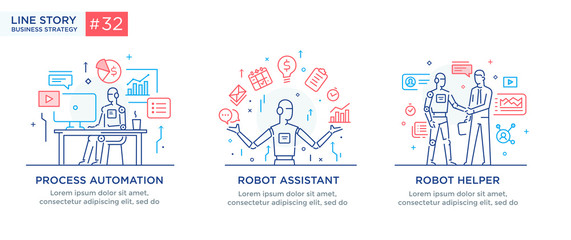 Set of illustrations concept with businessmen. technology, partnership, connection, business robot, cybes. linear illustration Icons infographics. Landing page site print poster. Line story