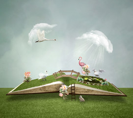 Open book with little green world inside – 3D illustration - obrazy, fototapety, plakaty