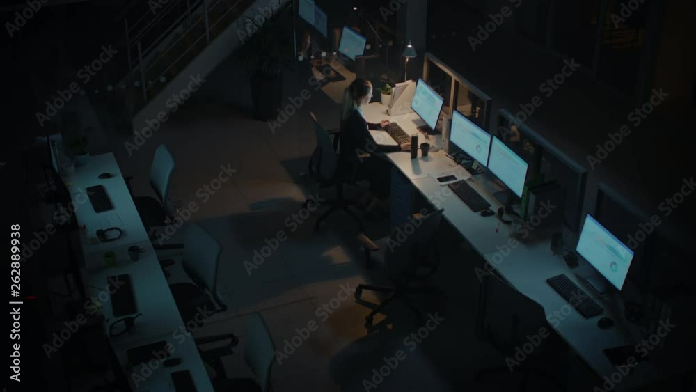 Poster working late at night in the office: businesswoman using desktop computer, having discussion, analyz