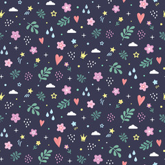 Seamless vector pattern. Doodle style includes floral elements for textile, print or web design.