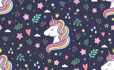 Wall murals Unicorn Seamless vector pattern. Unicorn with rainbow mane and doodle style elements for textile, print or web design.