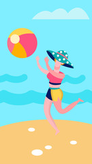 Elegant Lady Throwing Ball on Beach Illustration