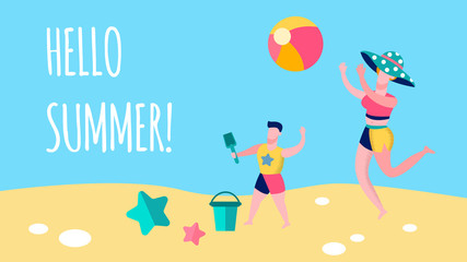 Mother, Child Seaside Game Flat Banner Template