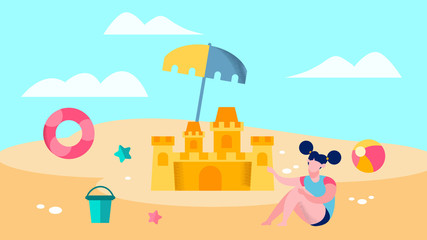 Cute Girl Playing on Beach Vector Illustration