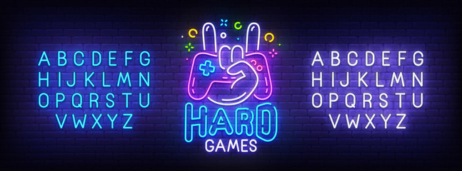 Hard Game neon sign, bright signboard, light banner. Game logo, emblem and label. Neon sign creator. Neon text edit