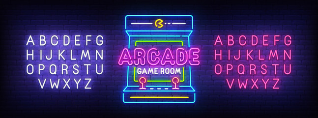 Arcade Games neon sign, bright signboard, light banner. Game logo, emblem and label. Neon sign creator. Neon text edit - obrazy, fototapety, plakaty