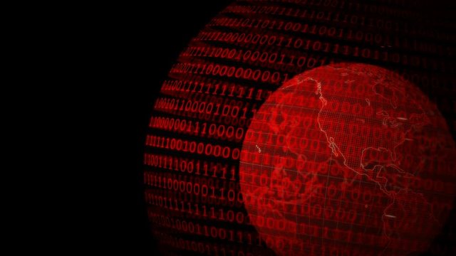 Digital planet Earth. Loopable 3D animation with rotating globe at Binary code background. Abstract global digital technology concept.