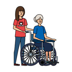 young woman volunteer with old woman in wheelchair