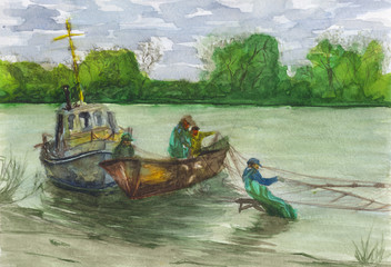 Watercolor painting - Russia Fishermans of the Kuban river
